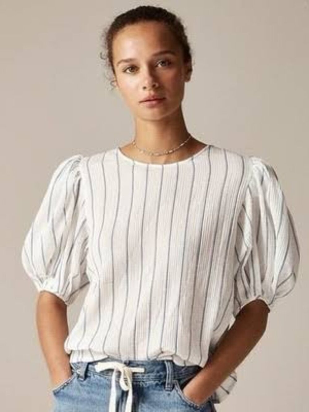 J. Crew White Blue Striped Cotton Short Puff Sleeve Top
